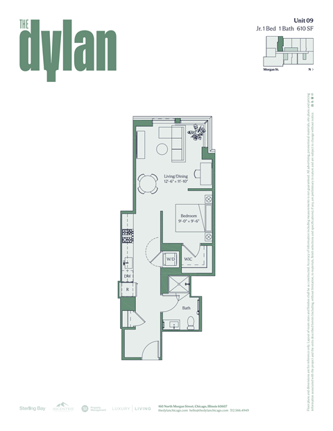 Floor plan for studio, 1 bath, 610 sqft